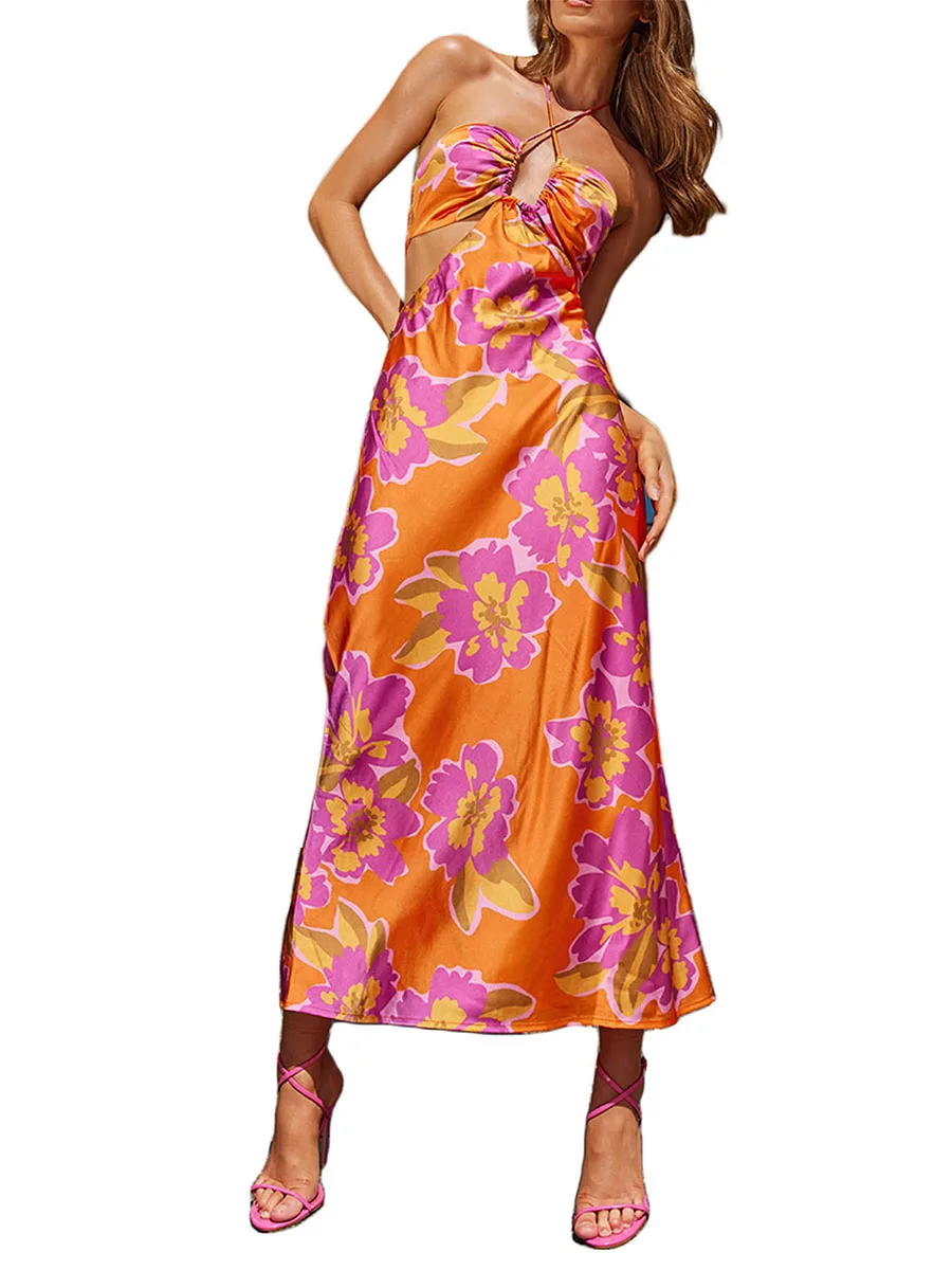 

Женское платье миди с цветочным принтом, открытой спиной и цветочным принтом