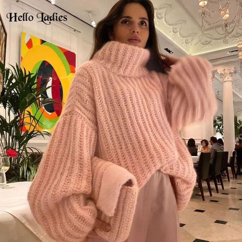 

HL New 2023 Fluffy Turtleneck Women Sweater Tops Casual Warm Fashion Sweaters Female Lady Soft Long Sleeve Pullover Streetwear