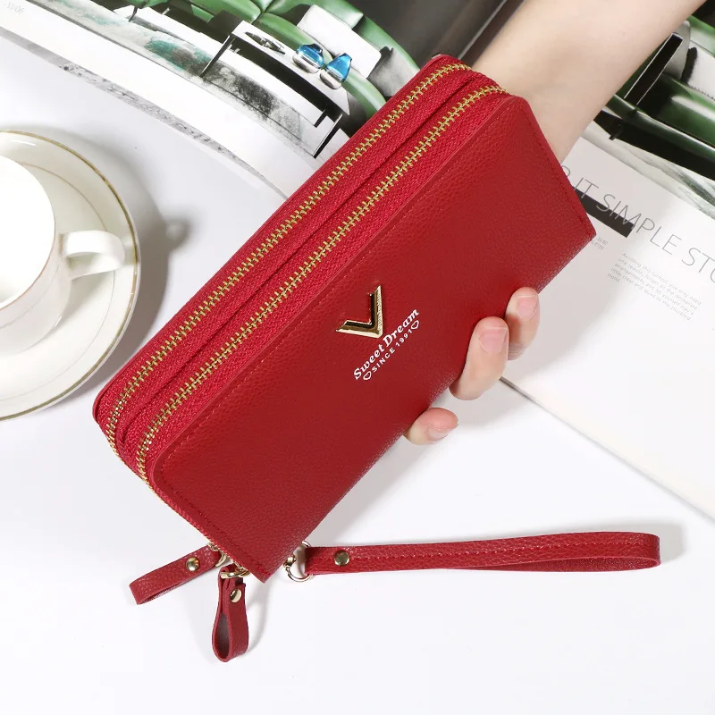 

Soft Leather Wallet Women Zipper Clutch Litchi Pattern Double Layer Long Wallet Card Holder Multi Functional Large Capacity Bag