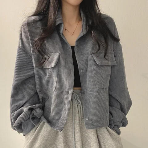 Lapel Collar Jackets Spring Single Breasted Long Sleeve Grey Corduroy Shirt Women Y2k Streetwear All-match Tops Black Coat