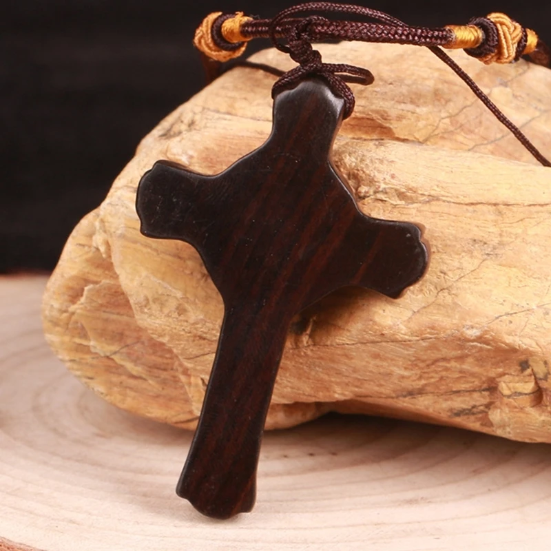 Ожерелья с деревянным крестом для мужчин Регулируемая кожаная искусственная