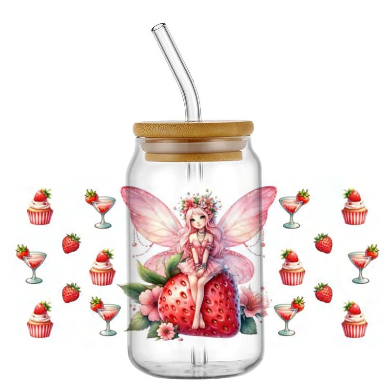 Красивая девушка-бабочка 16 унций клубника УФ DTF чашка обертки переводная