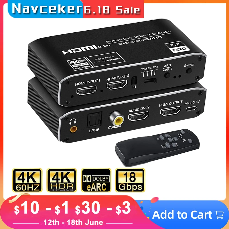 

2x1 4K 120Hz HDMI Switch eARC Audio Extractor ARC Optical Toslink HDMI 2.0 Switch 4K 60Hz HDMI Switcher Remote for Apple TV PS4