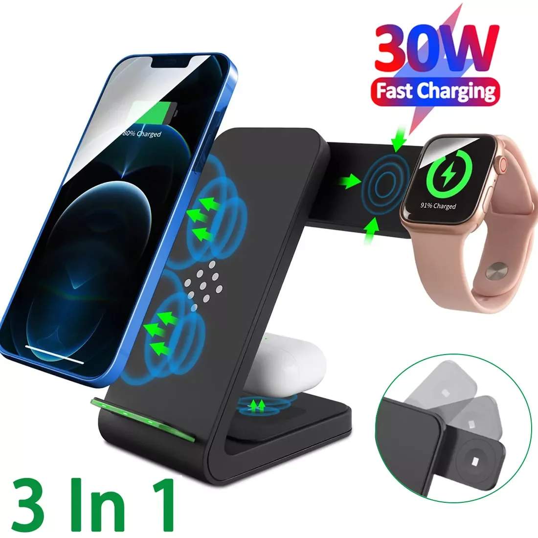 

Qi Fast Wireless Charger Dock Station For iPhone 12 13 iWatch 7 Airpods Pro Samsung S22 S21 Galaxy Watch 4 Auds Fast Charger