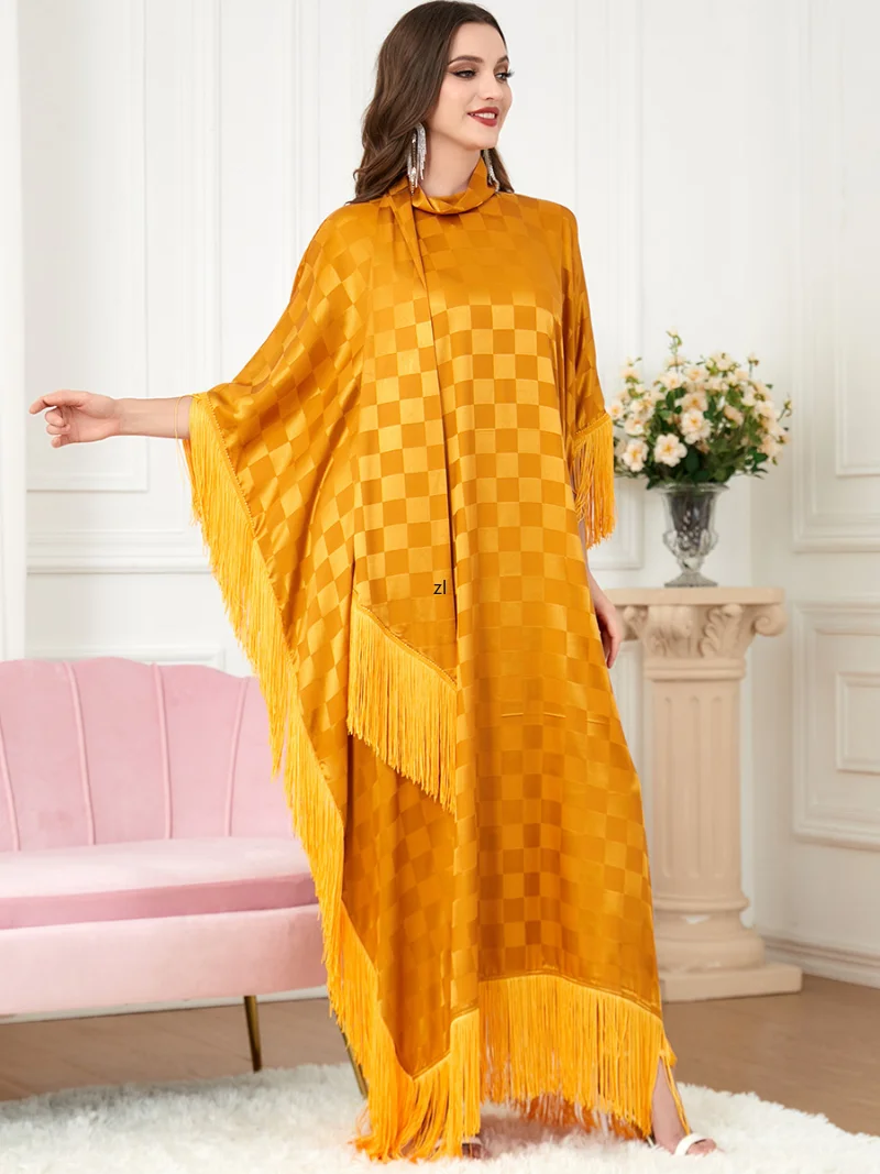 Abaya Dubai Jubah Patchwork Tassel Batwing Sleeve Fashion Plaid Robe Muslim Dress Women Moroccan Kaftan Ramadan Eid Mubarak