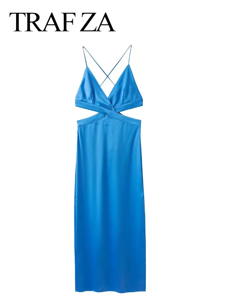 

TRAF ZA Women's Sexy Cross Open Back Side Zip Slit Sleeveless Slim Fit Low Neck Long Dress Ladies Party Beachwear Top Clothing