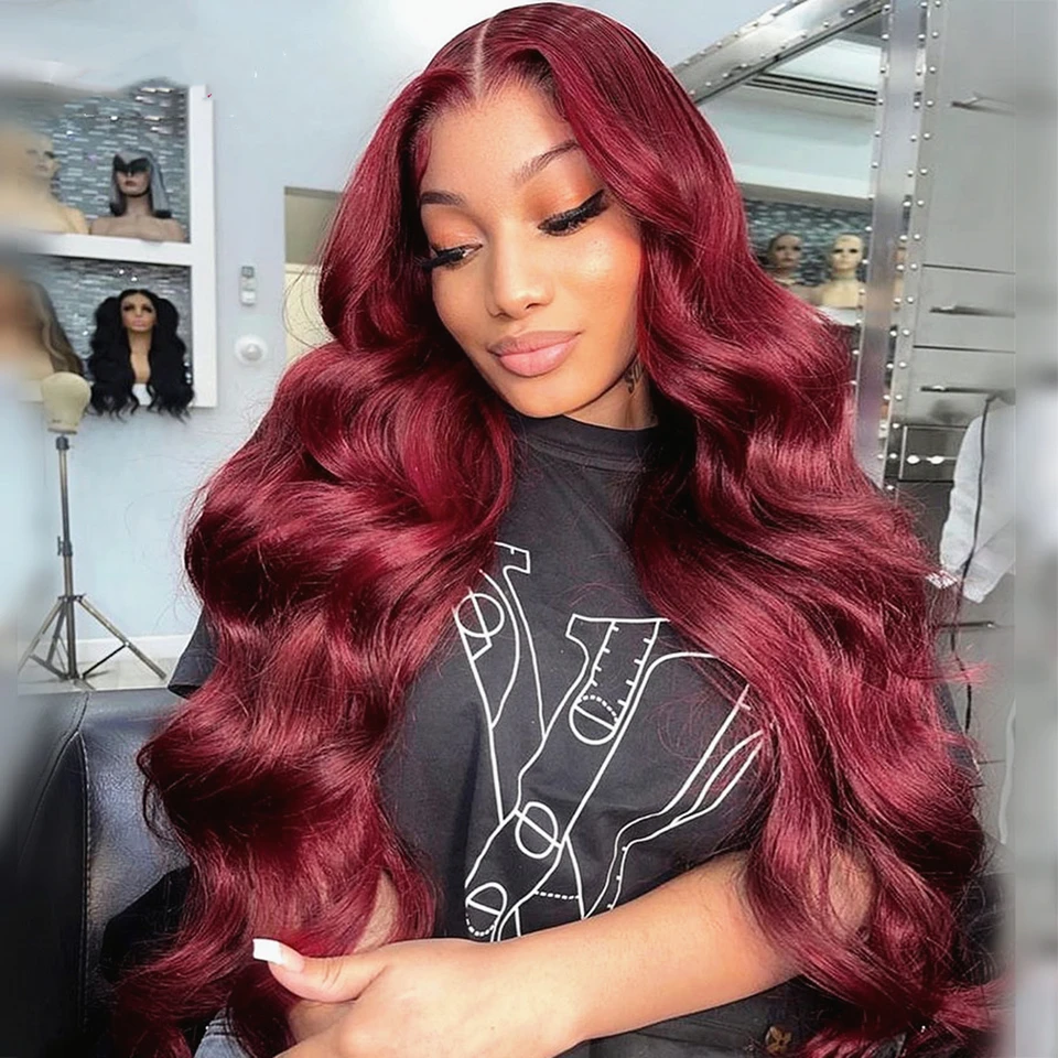 Burgundy 99J Red Lace Front Human Hair Wigs  Colored Body Wave Wig Glueless 13x4 13x6 HD Transparent Lace Frontal Wig 30 36 Inch