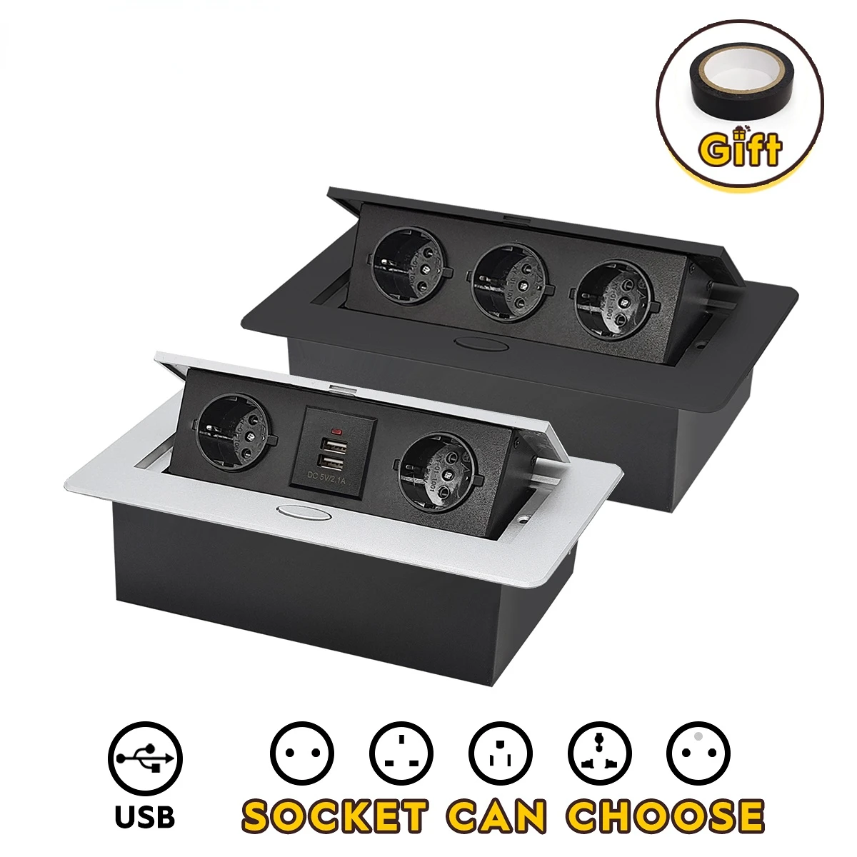 

Russian Standard EUR Hidden Type Table Socket 2/3 Way Electrical Outlet 2500W Power three Outlet household Metal panel 5V 2A USB