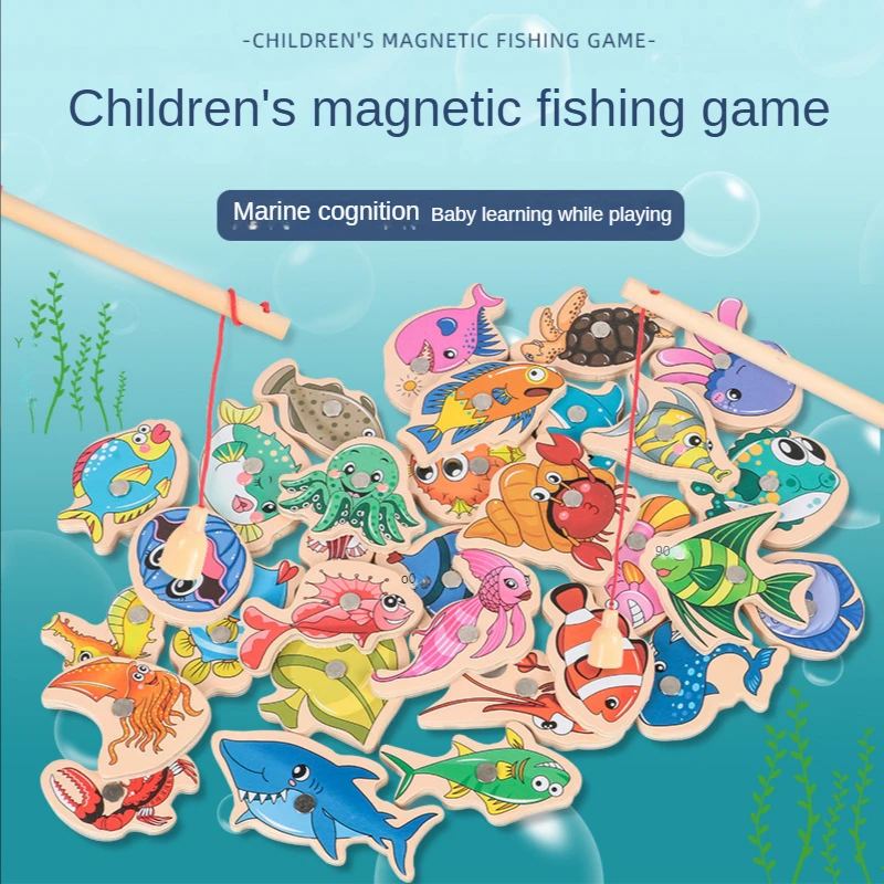 

Rod Fshing Life Wooden Interactive Toys Children Cognition Magnetic Game Cartoon Early Marine Fish Educational Parent-child for