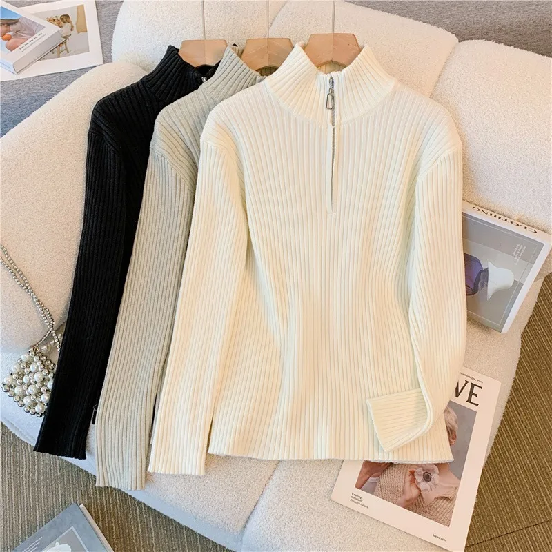 Женский вязаный свитер с воротником средней высоты на молнии утепленный длинным