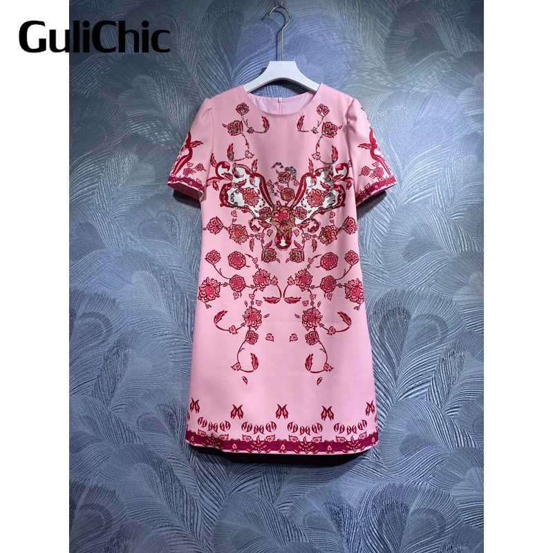 3.22 GuliChic Elegant Fashion Floral Print Beading Decorate Short Sleeve Mini Dress Women