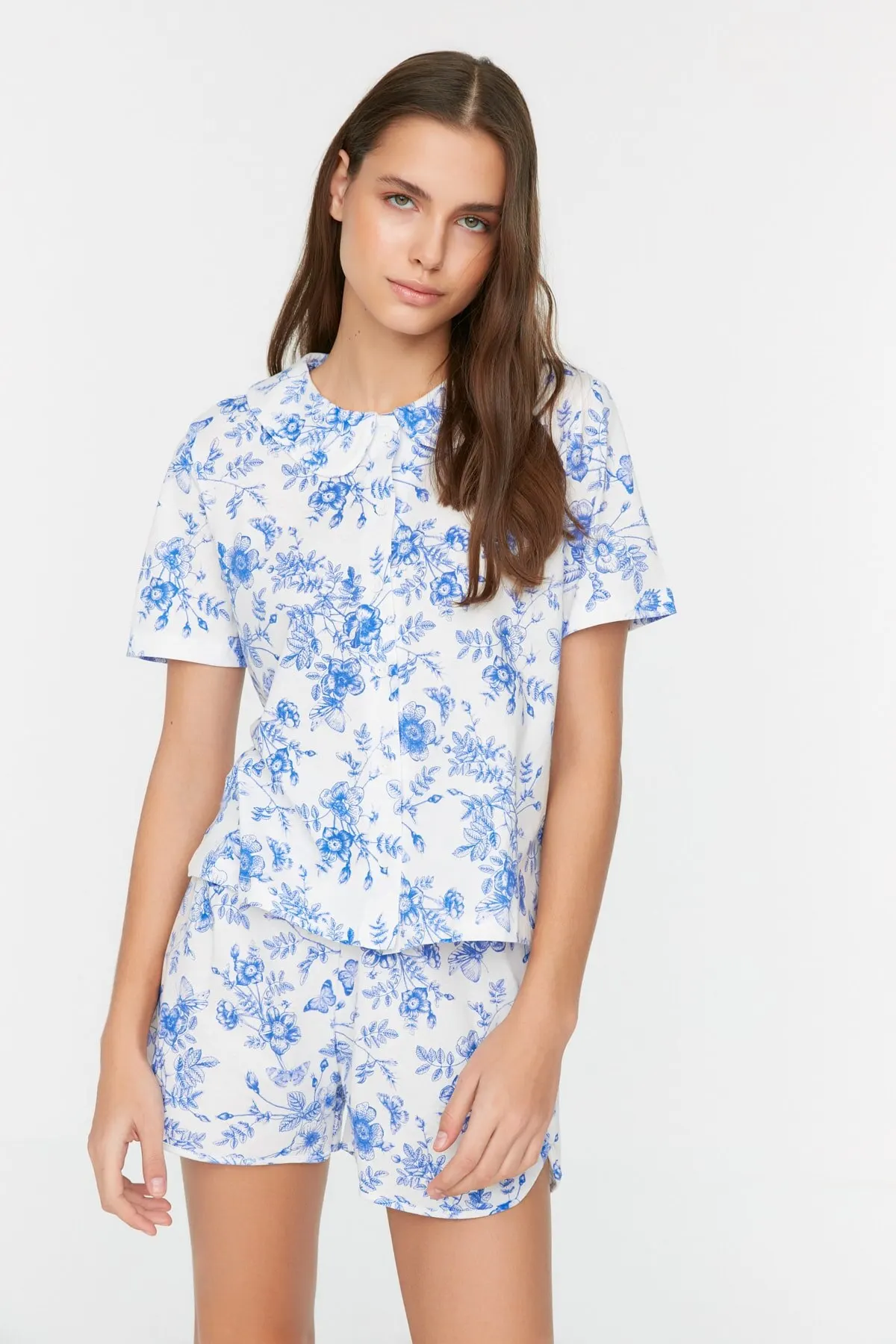 

Женская пижама, синяя Цветочная вязаная Пижама для сна и отдыха, одежда для сна, ночная рубашка, Ночной костюм, повседневная домашняя одежда