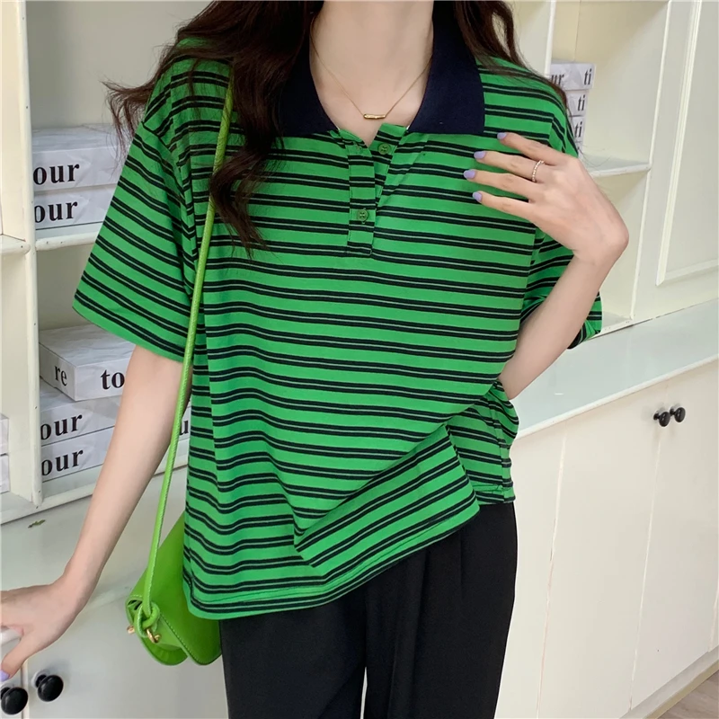 100% Cotton Summer Korean Tops Female Loose Red Green Black Striped Polo collar T-shirts Short-sleeved Spell Color T-shirt Women