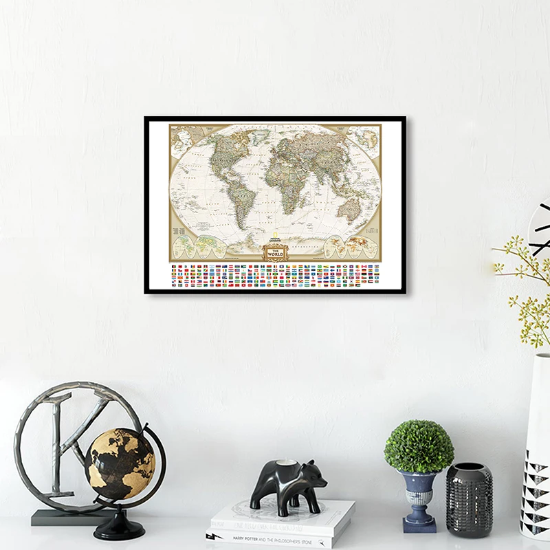 

Vintage Map of The World with National Flags 84*59cm Wall Art Poster Spray Canvas Painting Classroom Home Decor School Supplies