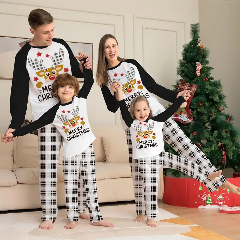 

Рождественская Пижама для родителей и детей, комплект сочетающейся семейной одежды для сна, Рождественская одежда для сна, топ с буквенным принтом и клетчатые штаны, домашний костюм