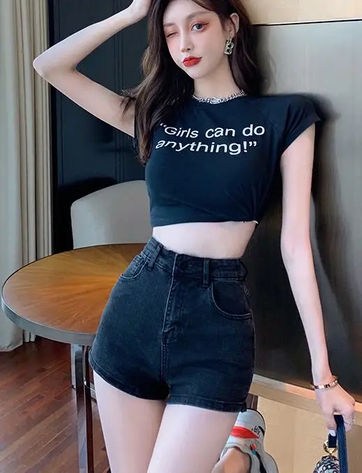 Women Summer Jean Shorts High Waisted Hot Short Jeans For Ladies Elastic High Waist Denim Shorts Single-Breasted A-Line Pants