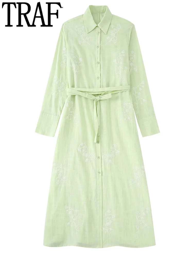 

Платье-рубашка женское с цветочной вышивкой, с поясом и длинным рукавом