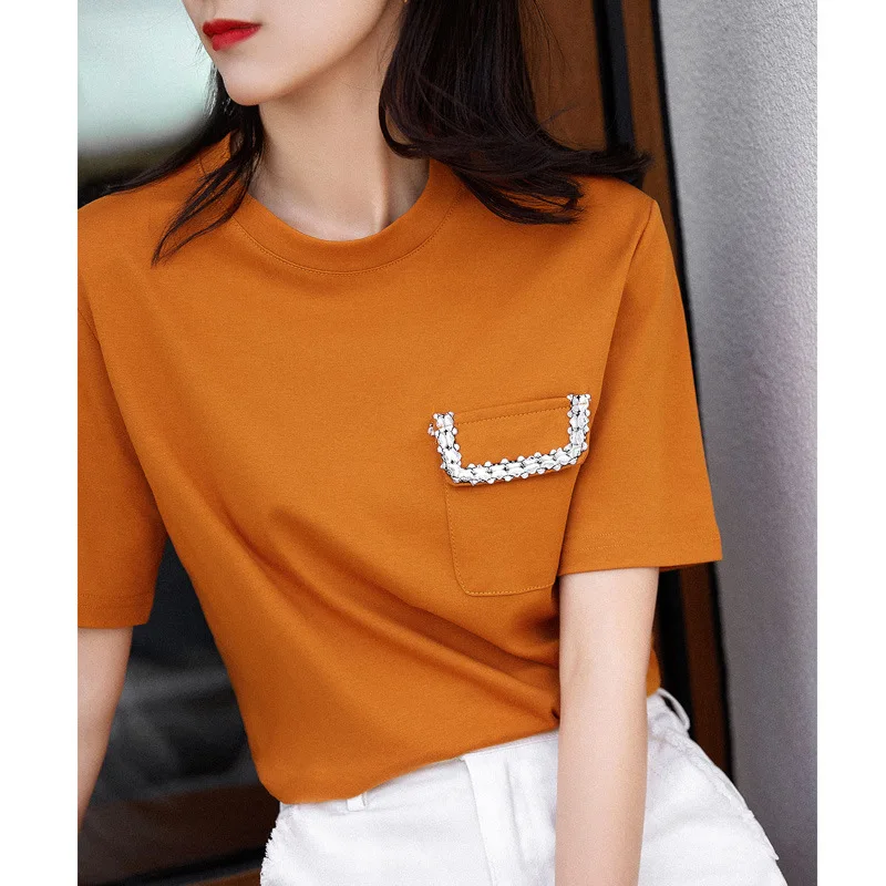 

Дизайнерская рубашка с карманами, ледяная фарфоровая хлопковая футболка с коротким рукавом, женские футболки с круглым вырезом, женская по...