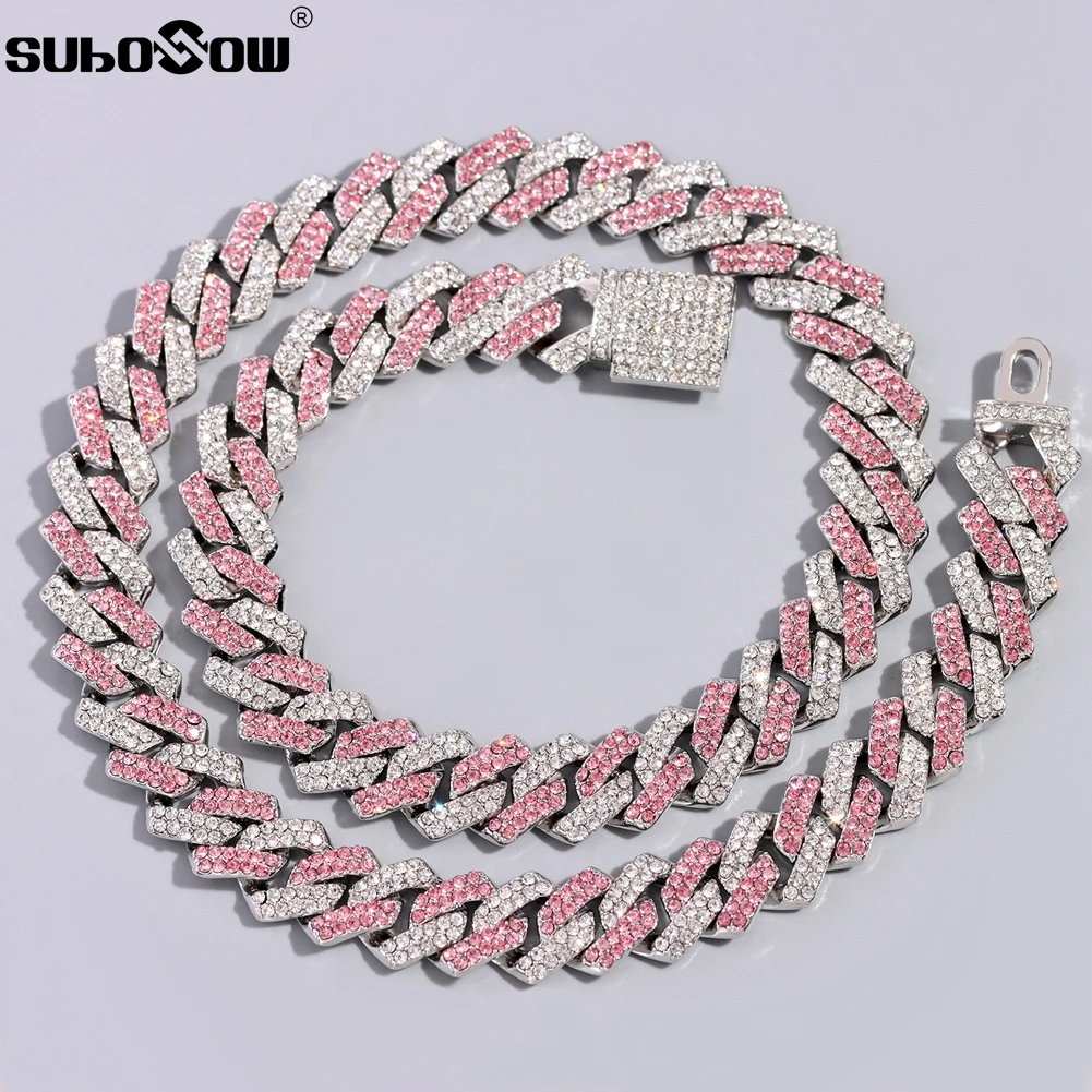 

14MM Rhombus Prong Cuban Chain Pink Crystal Necklace for Men Women AAA Rhinestones Paved Iced Out Chain Necklace Hip Hop Jewelry