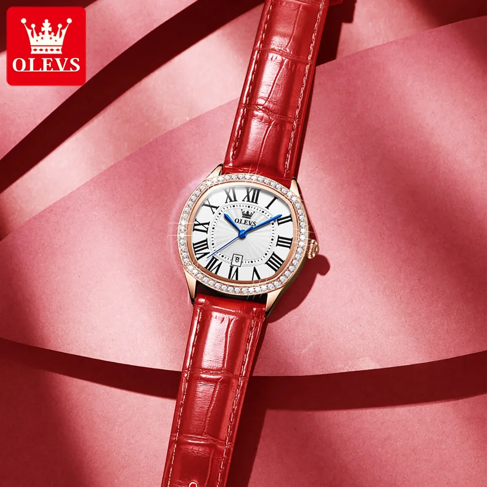 OLEVS Classic Square Quartz Watches Bracelet Set Women's Luxury Red Leather  Fashion Rhinestones Women Wrsitwatches Montre Femme