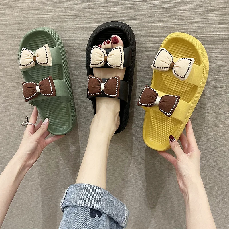 

2022 Fashion Celebrity INS Style Bow Summer One Word Slippers Female Home Outside Bathroom Non-slip Wear EVA Thick Sole Slipper