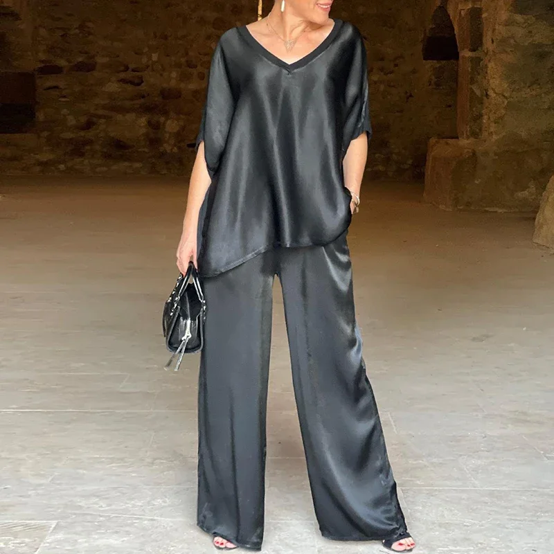 Однотонный топ с V-образным вырезом и брюки широкими штанинами комплекты одежды