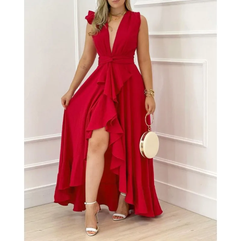 

Elegant Floral Print Corset Floor Length Dress for Women 2023 Sexy V Neck Lace Up Slit Ruffle Boho Vacation Dress Y2K Clothes