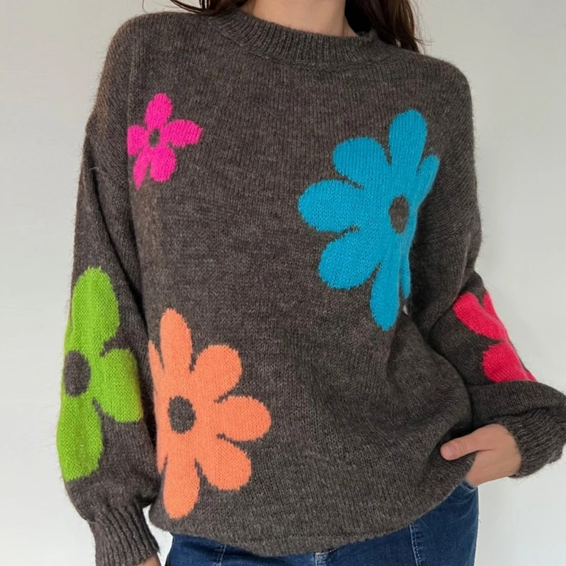 Женский вязаный свитер свободного покроя с длинным рукавом и круглым вырезом