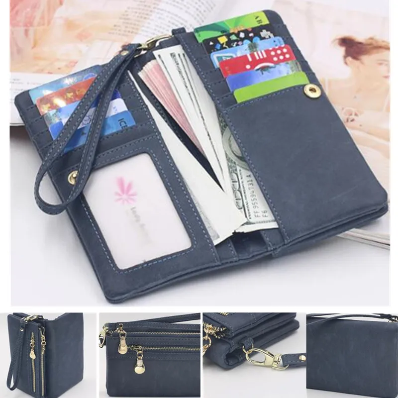 Wallets for Women Dull Polish Leather Wallet Double Zipper Day Clutch Purse Wristlet Portefeuille Handbags Carteras Para Mujer