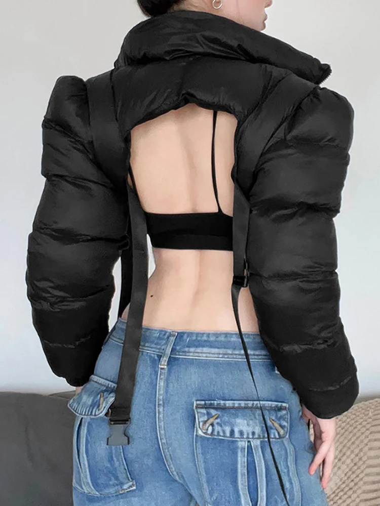 Goth Dark Cyber Y2k Winter Turtleneck Women Cropped Coats Punk Zip Up Buckle Patchwork Black Warm Jackets Fashion Streetwear Top
