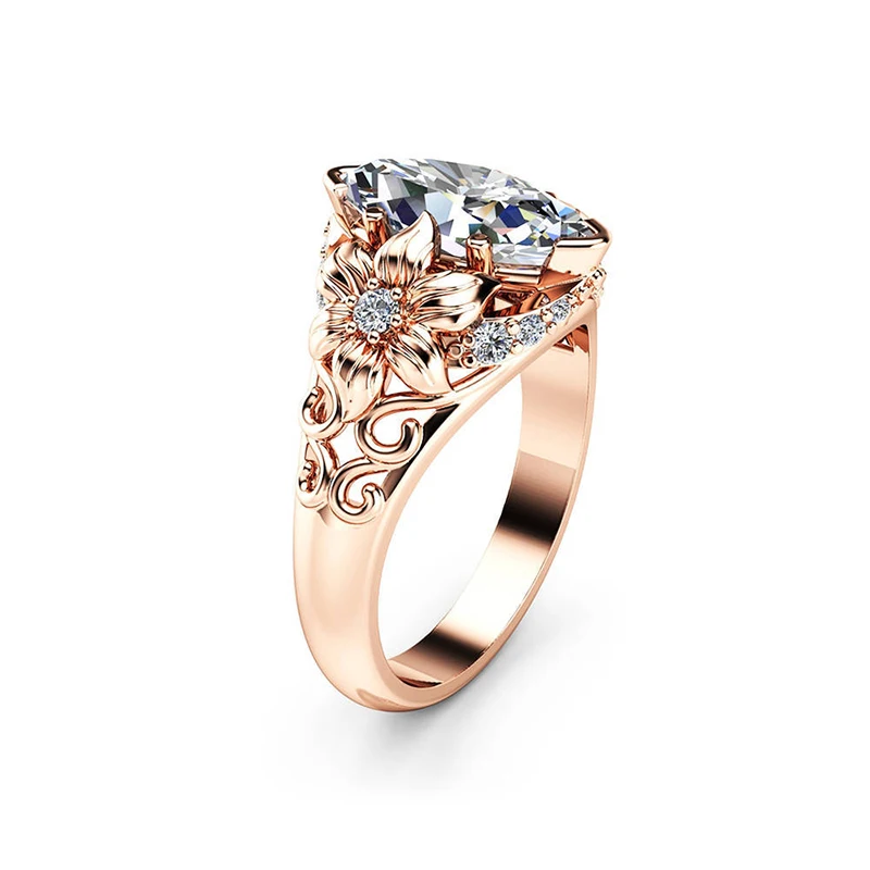 

New Luxury Trendy Rose Gold Flower Pattern Rings For Women Shine Marquise CZ Stone Inlay Fashion Jewelry Wedding Party Gift Ring