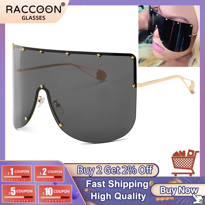 

Солнцезащитные очки без оправы со звездами и заклепками, женские солнцезащитные очки Luxe, брендовый дизайн, цельные ветрозащитные солнцезащ...