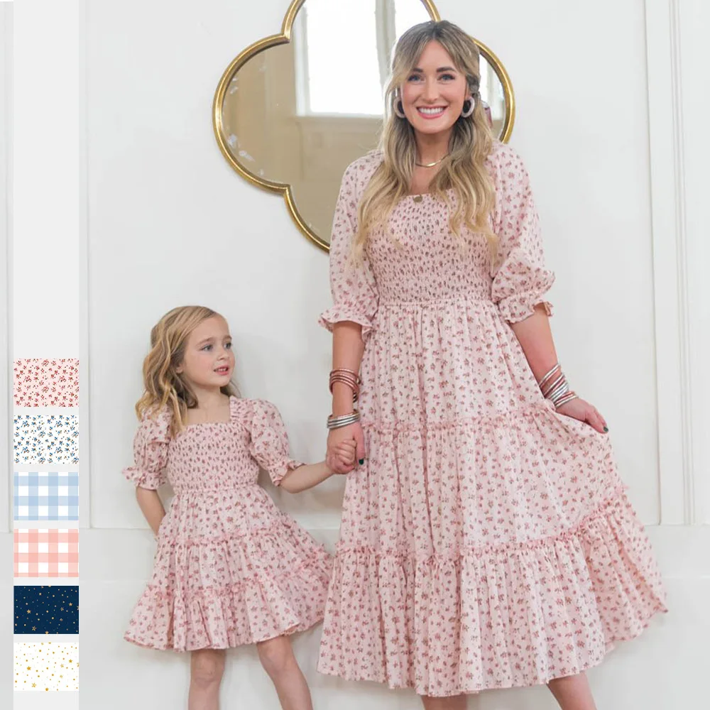 

Family Matching Outfits Mom Kids Clothes Mother Floral Puff Sleeve Dress Baby Girl Princess Dresses Mom And Daughter Clothing