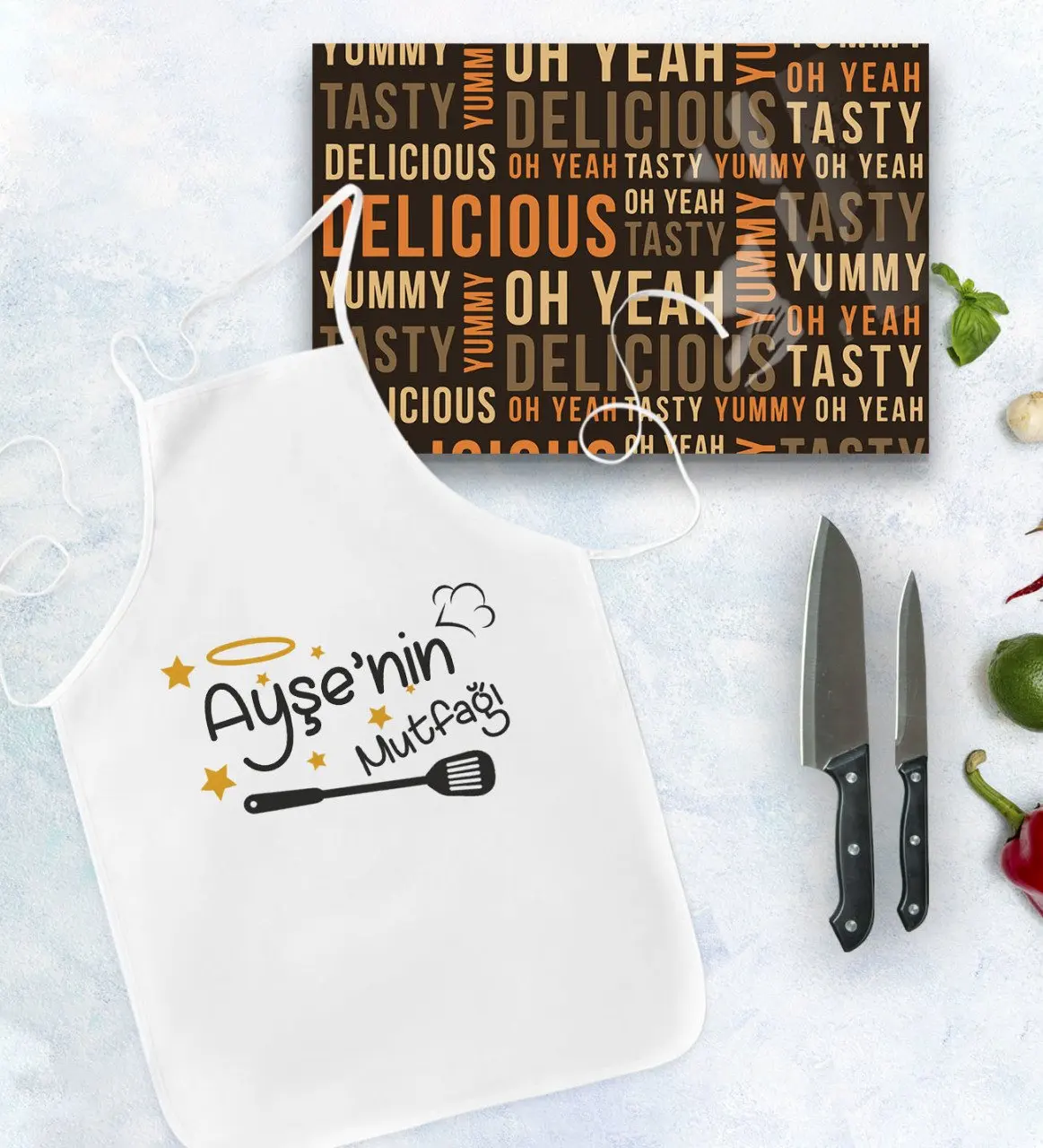 

Personalized kitchen apron and glass cutting table gift set Model 1