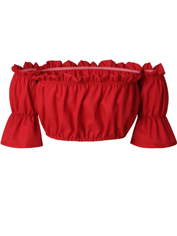 Женский короткий топ с рукавами-фонариками красный черный белый рюшами на лето