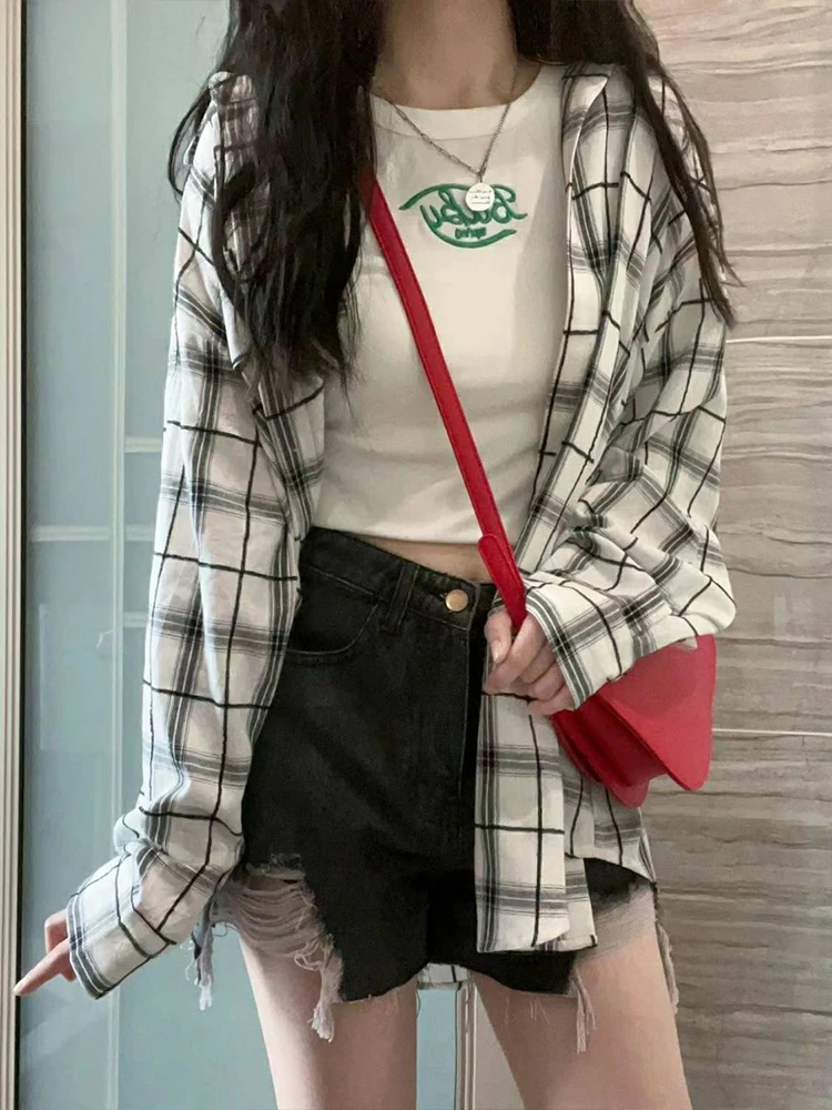 

Клетчатая рубашка для женщин, свободная блузка большого размера, осенние женские однобортные Топы с длинным рукавом, корейские винтажные повседневные рубашки