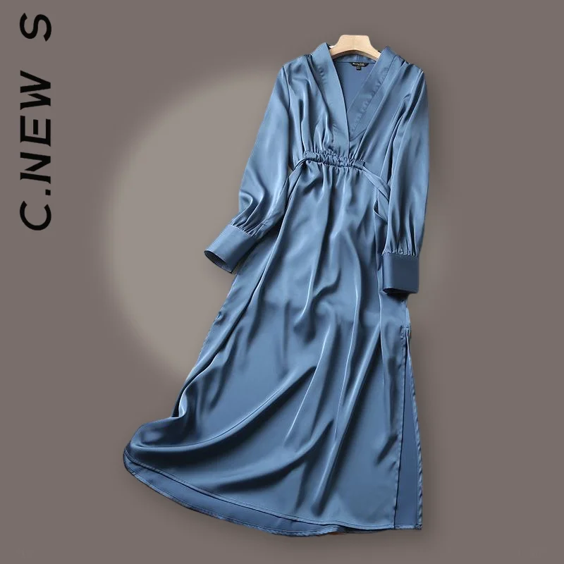 

Dress Women New Elegant Ladies Dress Simple Robe Soft Long Sleeve Loose V-Neck Midi Dress For Women Chic Dress Woman Vestidos
