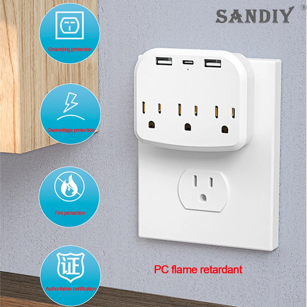 

Настенная розетка SANDIY стандарта США, 16 А, 220 В, многофункциональный переходник с отверстиями, Usb + Type-C, белая стандартная переключаемая розетк...