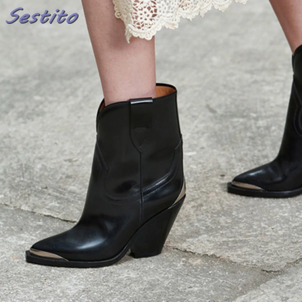 

Genuine Leather Pointed Toe Ankle Boots Metal Strim Women Boots Block Chunky Heel Slip On Black Solid Fashion Runway Newest 2023