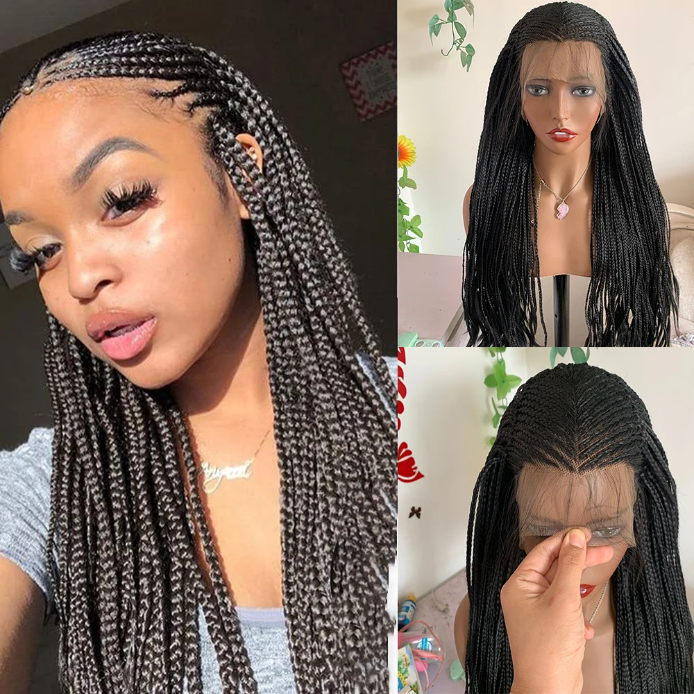 

Natural hairline Synthetic 13*6 Deep Lace Front Wig Braided Box Braids Wigs Glueless Black High Temperature Fiber Hair Wigs