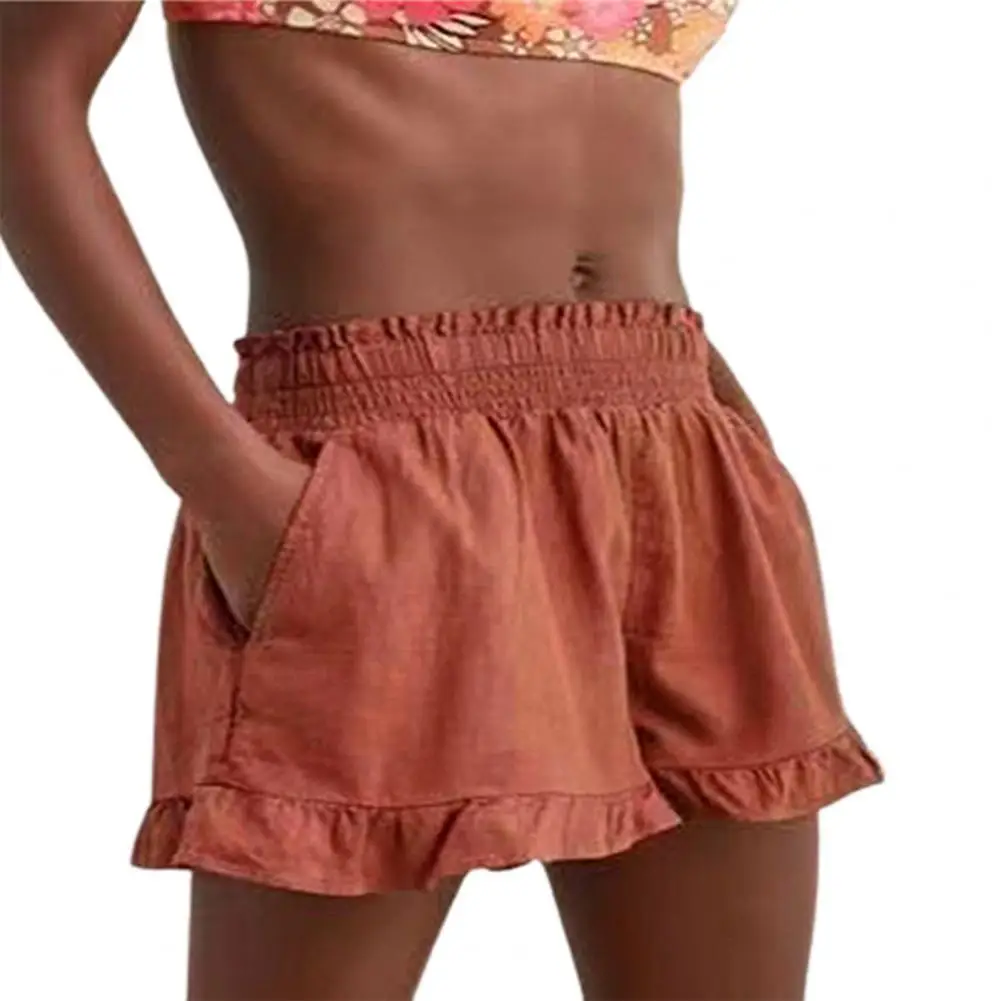 

Casual Women Shorts Wavy Edge Wide Leg Summer Simple High Elastic Waist Pockets Loose Short Pants Streetwear