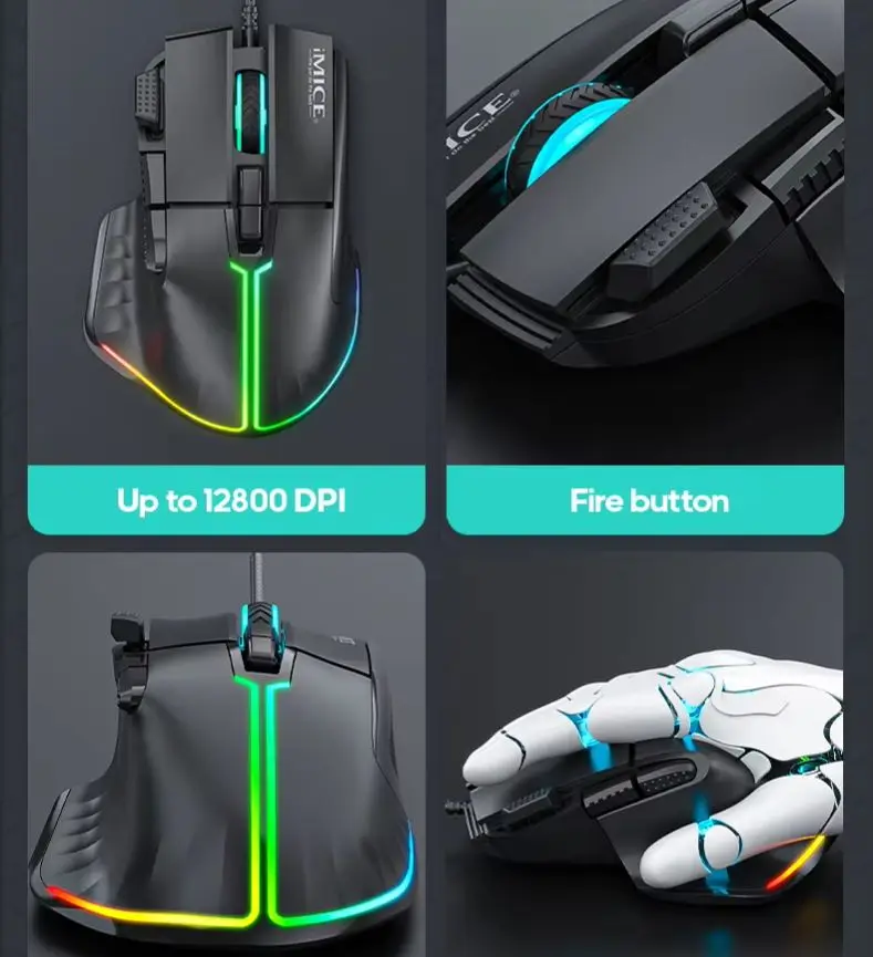 Фото Игровая проводная мышь IMICE T50 с разрешением 12800 DPI, программируемой RGB-подсветкой, эргономичным дизайном, оптическая, для ПК и ноутбуков. №2