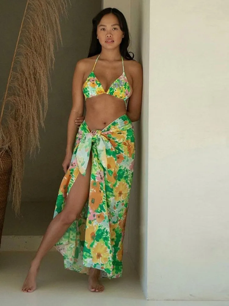 

Floral Print Women's Swimsuit Bikinis Set 3 Piece Outfits For 2022 Woman Swimwear Beach Style Bandage Skirt Suits Clothing Y2K