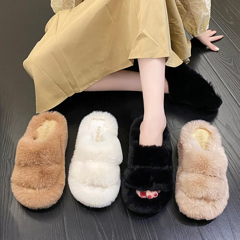 

Home Slippers Women's Slides High-Heeled Shoes Lady Platform On A Wedge Fur Flip Flops Increased Internal Med Pantofle Massage P