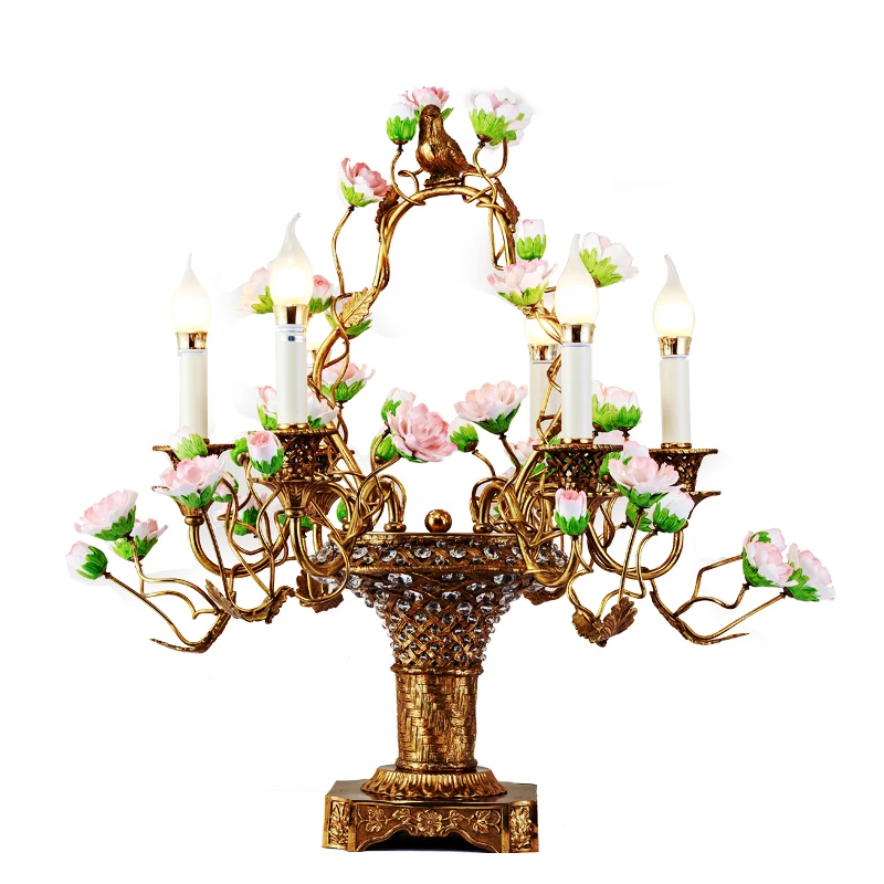 

Luxury Palace Decorative Light Porcelain Ceramic Flowers Basket Table Lamp With Crystal Wholesale