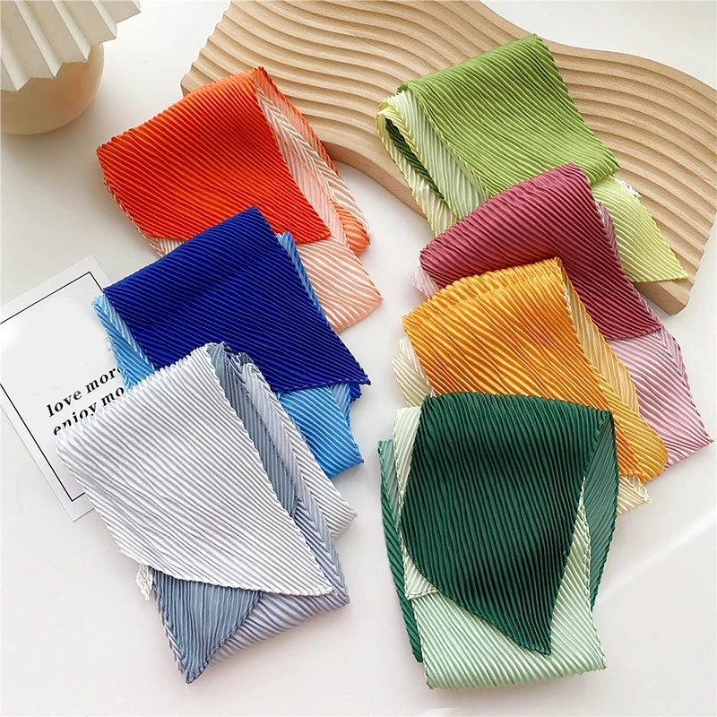 

Summer Pleated Silk Scarf Solid Color Long Skinny Neck Scarf Women Ribbon Scarves DIY Neck Tie Hair Band Gradient Tied Bag Scarf