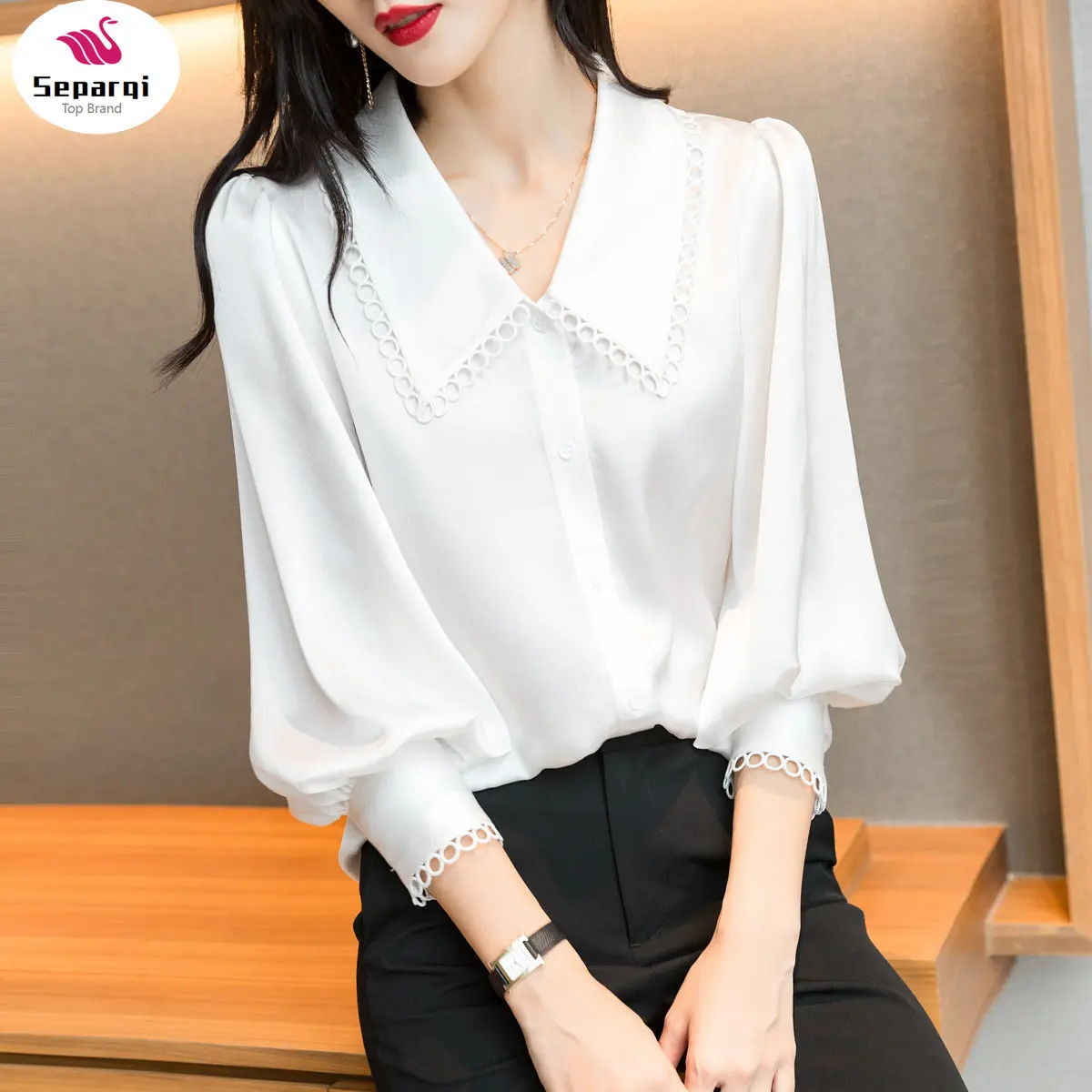 

SEPARQI Basic White Peter Pan Collar Women Blouse Long Sleeve Office Ladies Uniform Shirt Za Autumn Spring Camisa Mujer Chic