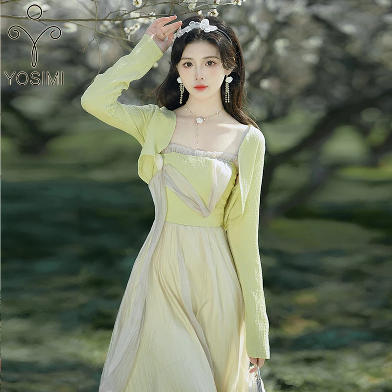 

YOSIMI комплект из 2 предметов 2023 летнее пальто с длинным рукавом и платье без бретелек комплект из 2 предметов Лоскутные сетчатые вечерние жен...