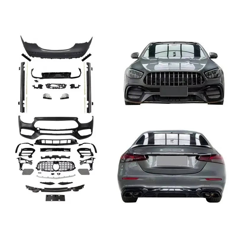 Фото Автомобильный бампер для E-класса W213 2021-2023 года, обновленный комплект кузова E63S, боковая юбка, задний диффузор с наконечниками, решетка №1