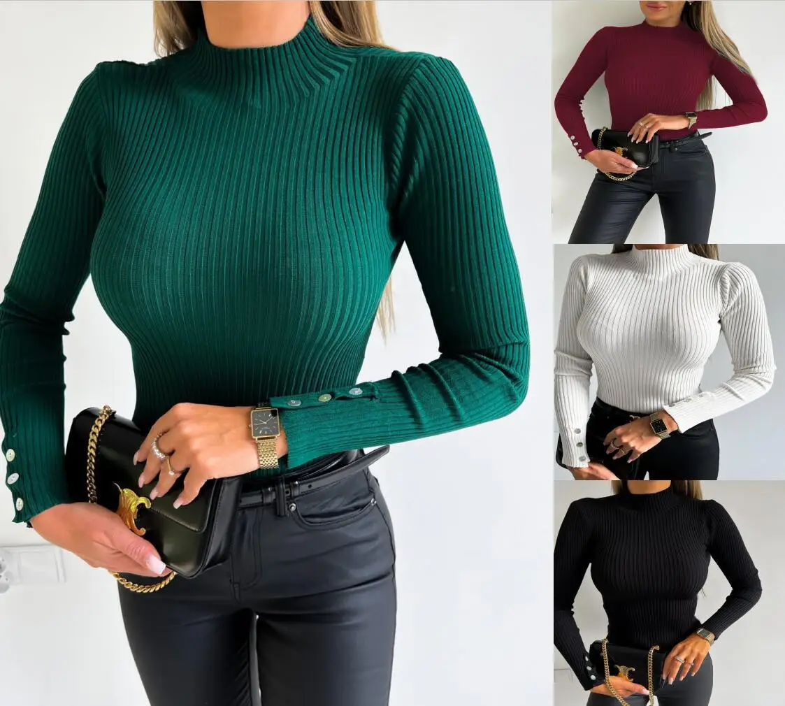 

Solid Basic Slim Sweater Retro Elastic T-shirt Ribbed Long Sleeve TurtleneckTops Tees 2023 Autumn Winter Pullovers Sweater